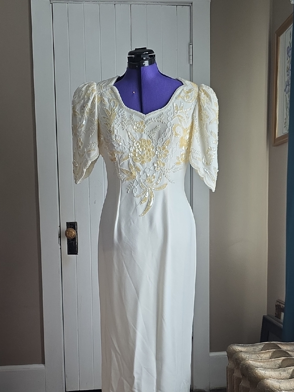 Jovani White Dress with Cream-Gold Floral Embroidery
